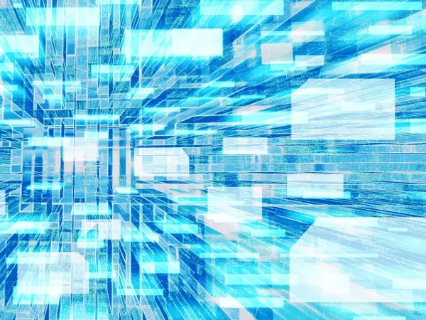 青と白の光が奥へ流れるデータ通信のイメージ